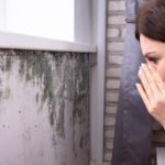 A woman wearing a pink shirt and jeans kneeling over in front of mold growth in her living room. She's covering her mouth and has a shocked look.