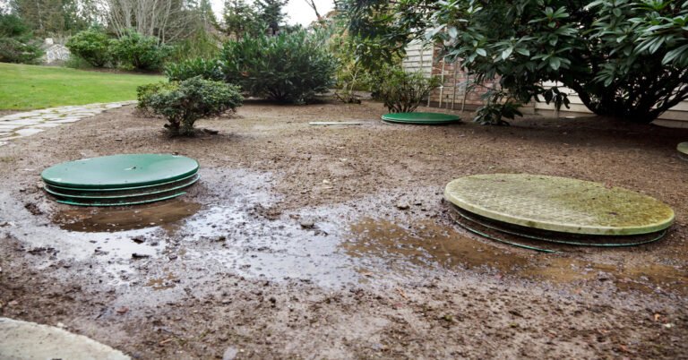 The outside of a house with sewage seeping into the yard due to a problem with the underground septic system.